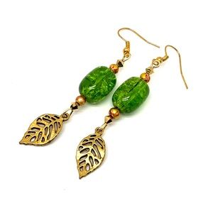 Green and Gold Leaf Dangle Earrings